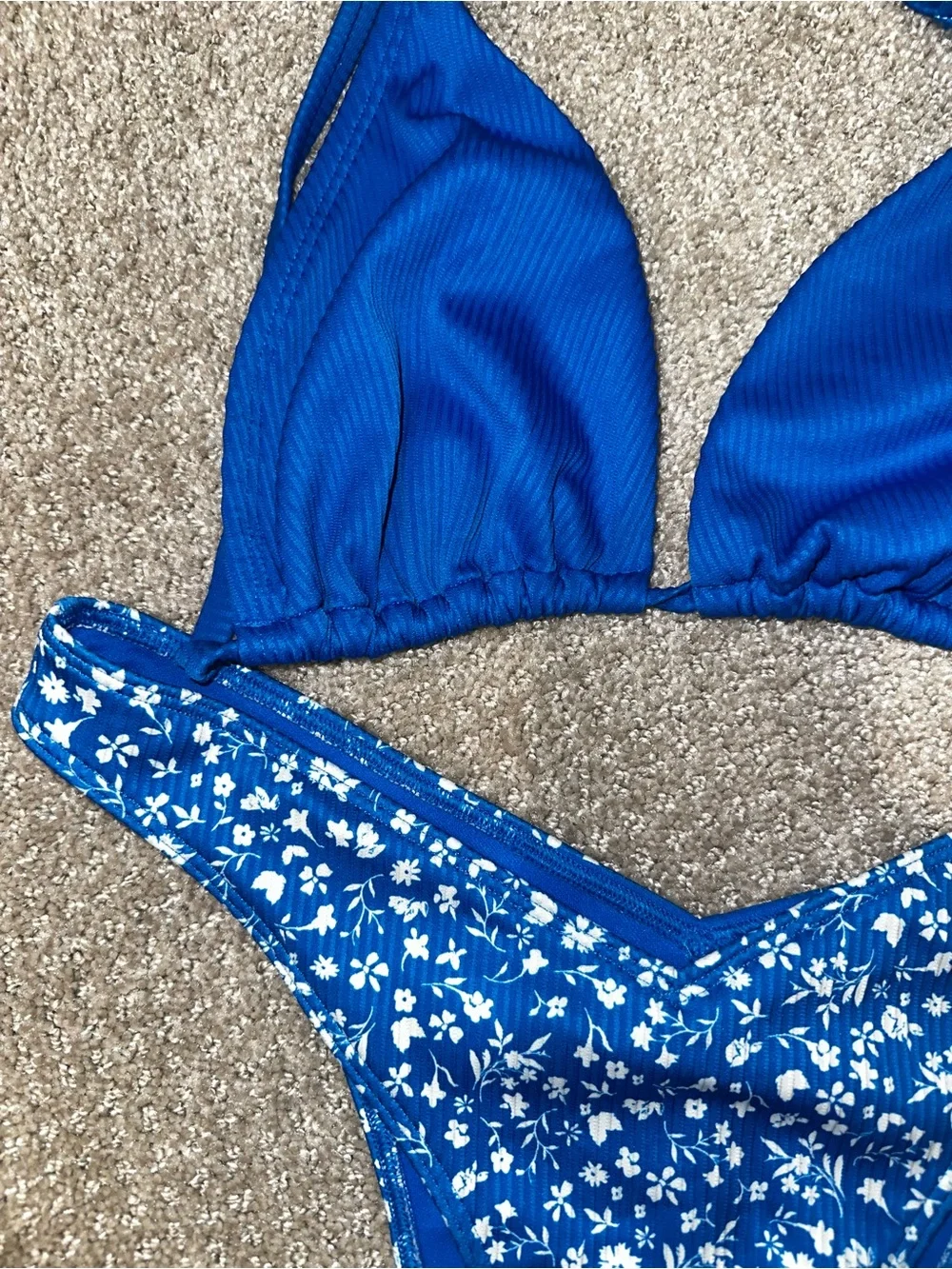 Hollister Blue Floral & Solid Blue Triangle Bikini with Dark Green Set